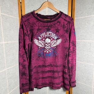 Affliction Womens Long Sleeve Thermal Skull Wings Graphic Tee Magenta Y2K Grunge